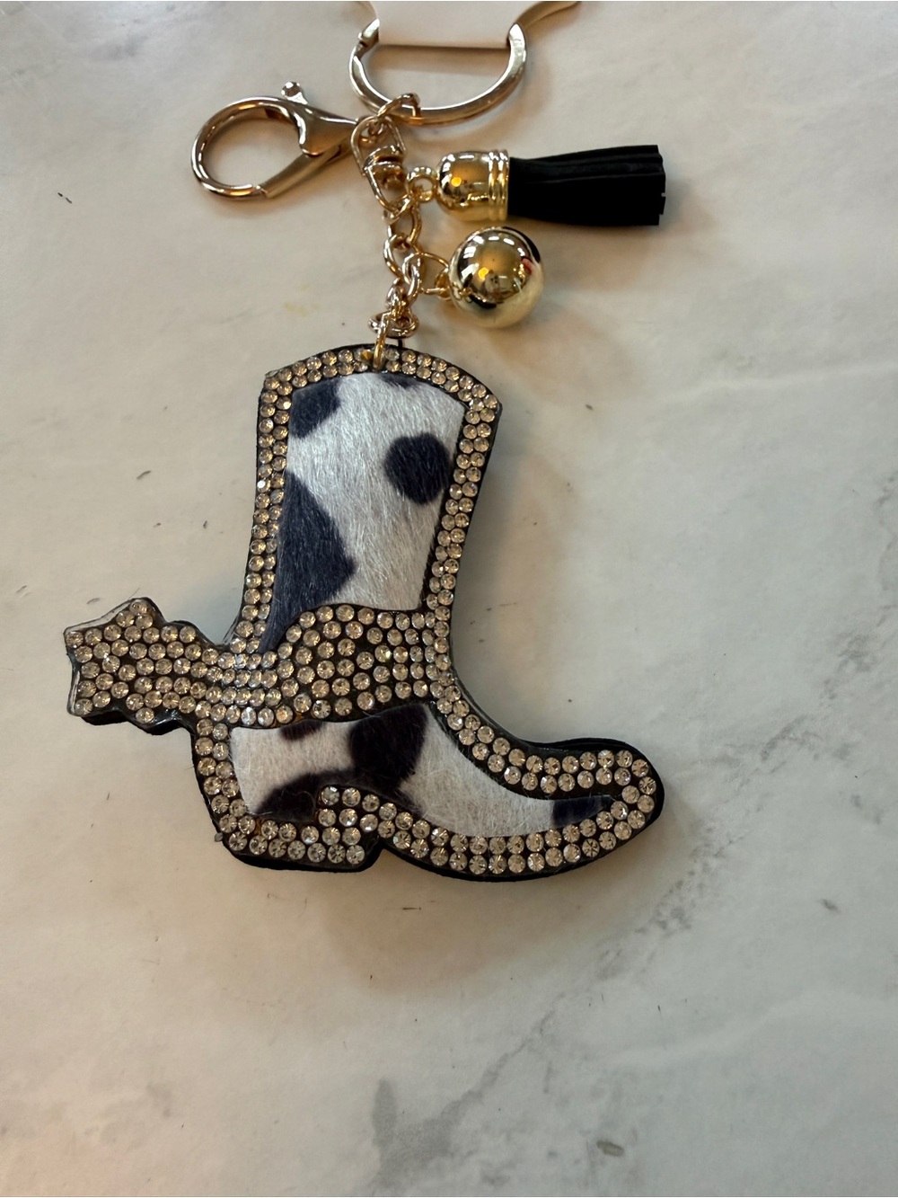 ✨ Giddy Up! Western Rhinestone Black & White Cowhide Cowboy Boot Puffy Keychain - Picture 2 of 7